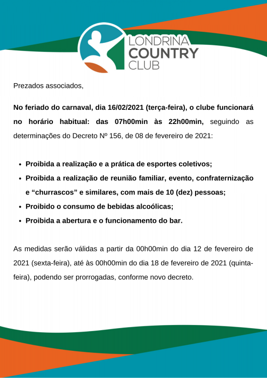 Carnaval - Decreto Nº 156, de 08 de fevereiro de 2021